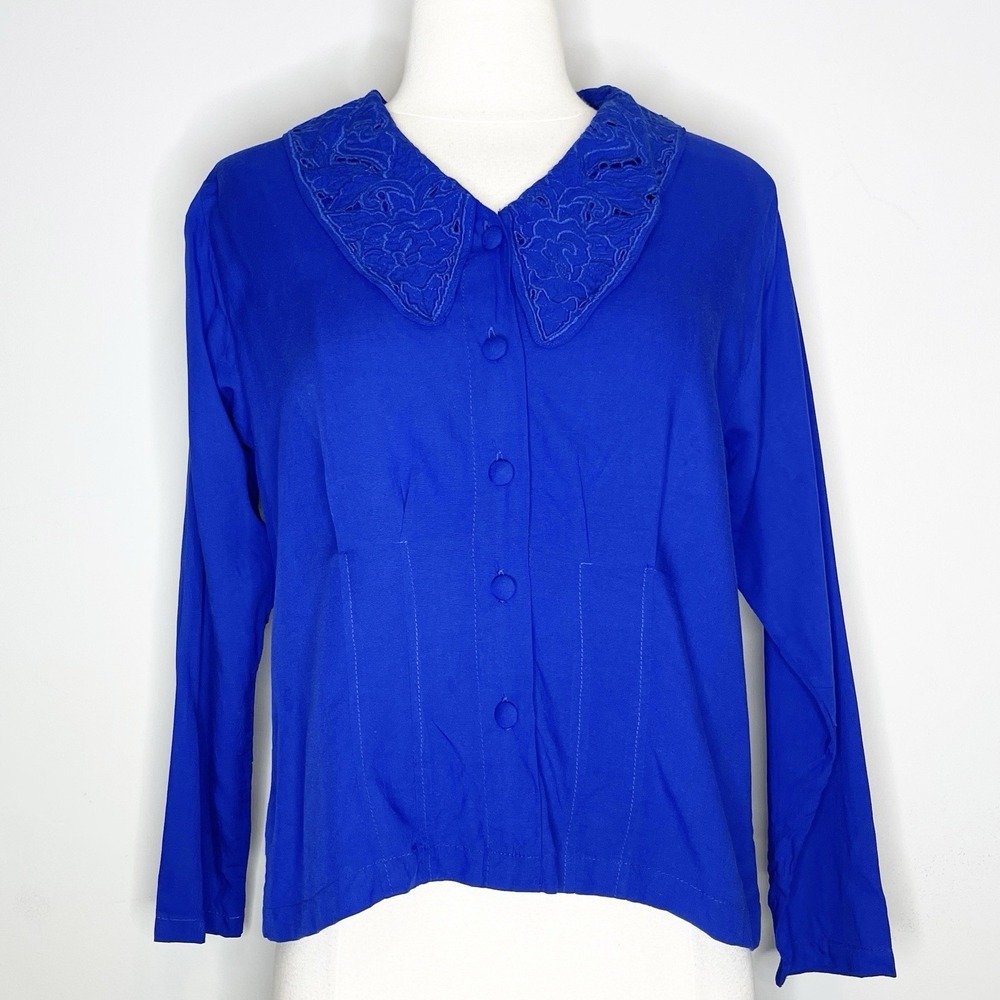 Pier 1 Imports Passports Small Cobalt Blue Top Button Down Shirt Embroidered